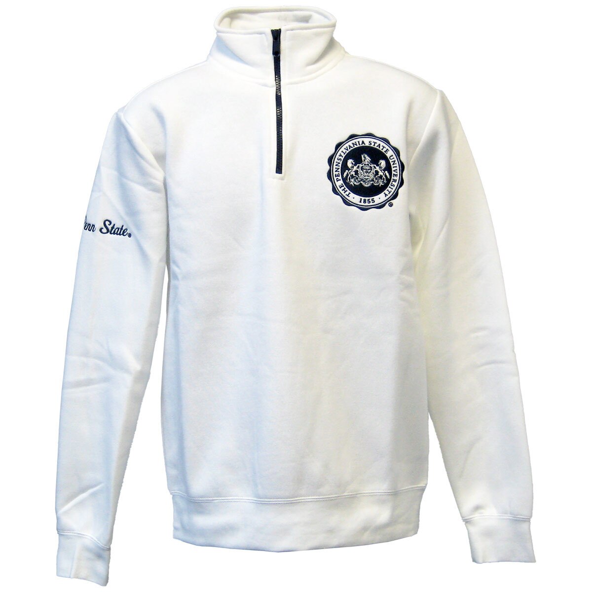 white 1/4 zip with Penn State Seal on left chest, Penn State on right sleeve